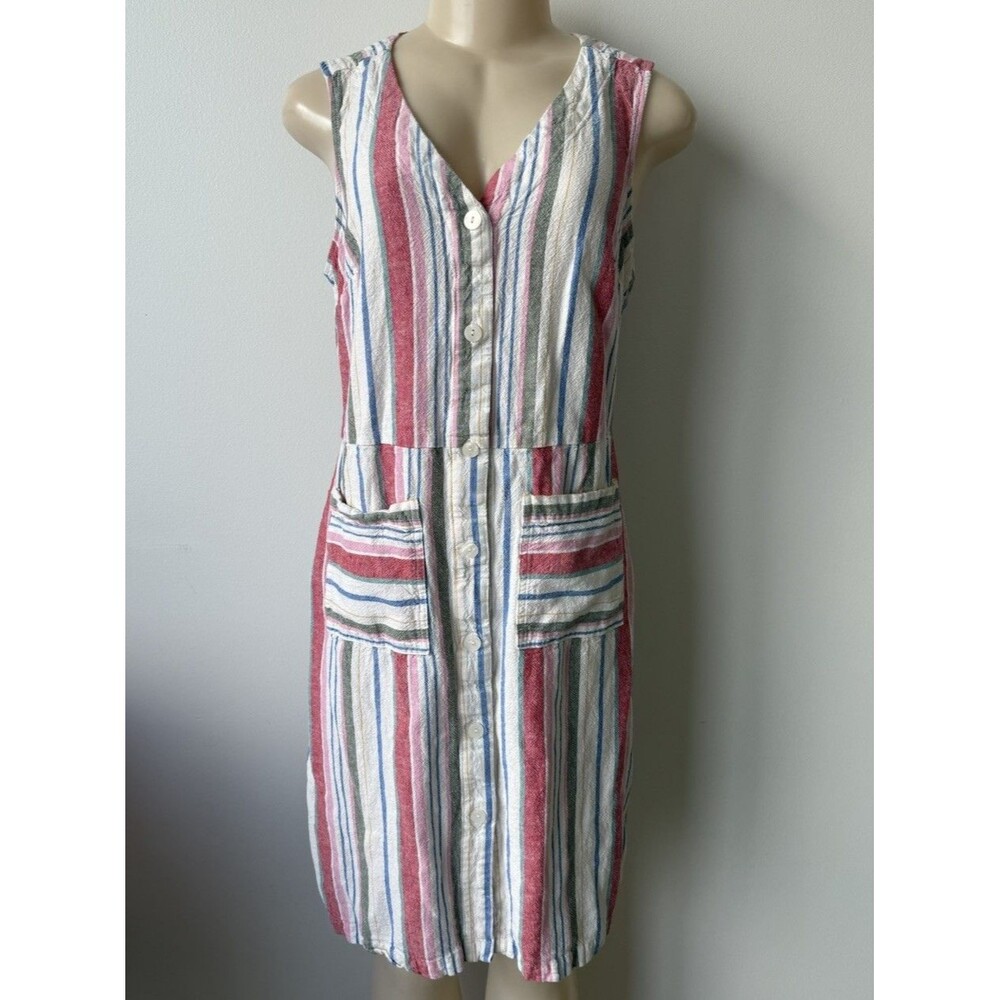 Old Navy Colorful Striped Button Down V Neck Boho Pocket Dress M Linen Blend